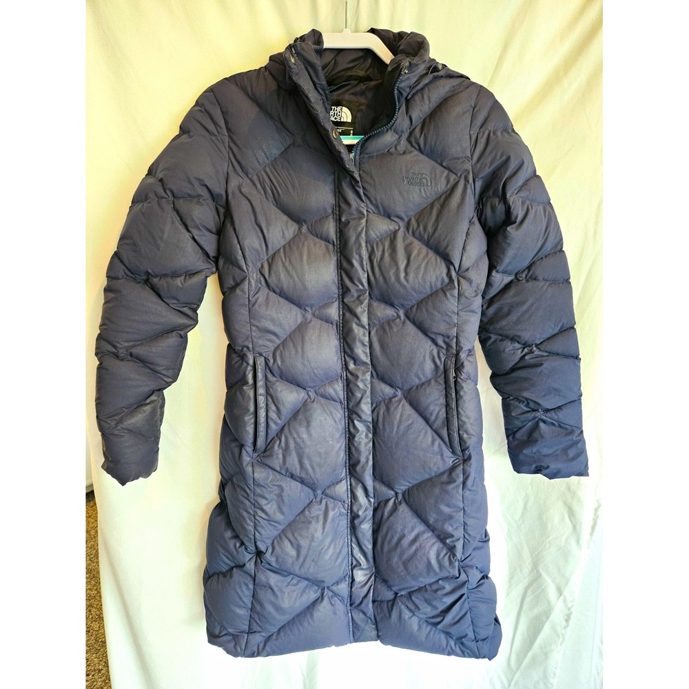 The North Face Womens S Navy Hooded Down Insulated Full Zip Mid-Length Puffer